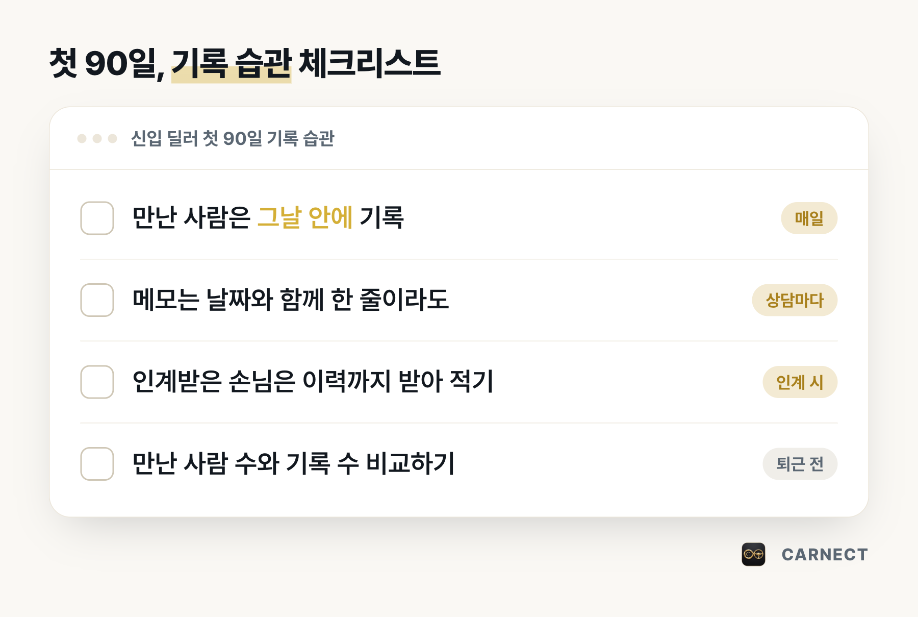 신입 딜러 첫 90일 기록 습관 체크리스트. 만난 사람은 그날 안에 기록, 메모는 날짜와 함께 한 줄이라도, 인계받은 손님은 이력까지 받아 적기, 퇴근 전 만난 사람 수와 기록 수 비교하기 네 가지 항목이 정리되어 있다.