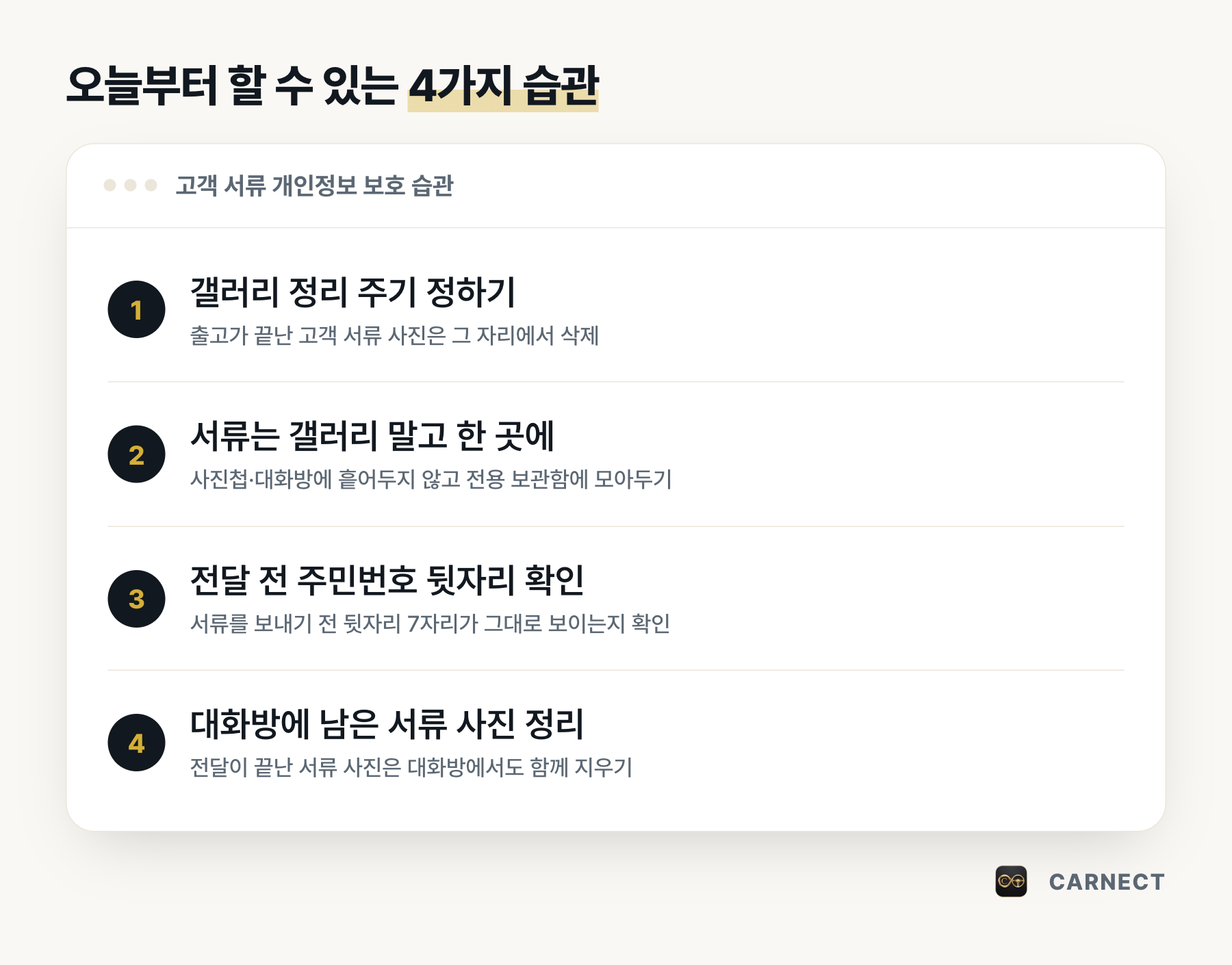 고객 서류 개인정보 보호를 위해 오늘부터 할 수 있는 4가지 습관 설명 그림. 갤러리 정리 주기 정하기, 서류는 갤러리 말고 한 곳에, 전달 전 주민번호 뒷자리 확인, 대화방에 남은 서류 사진 정리 순서다.